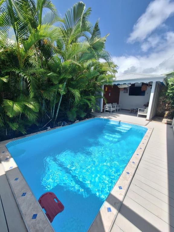 a swimming pool in the backyard of a house with palm trees at RIVER PARADISE in Goyave