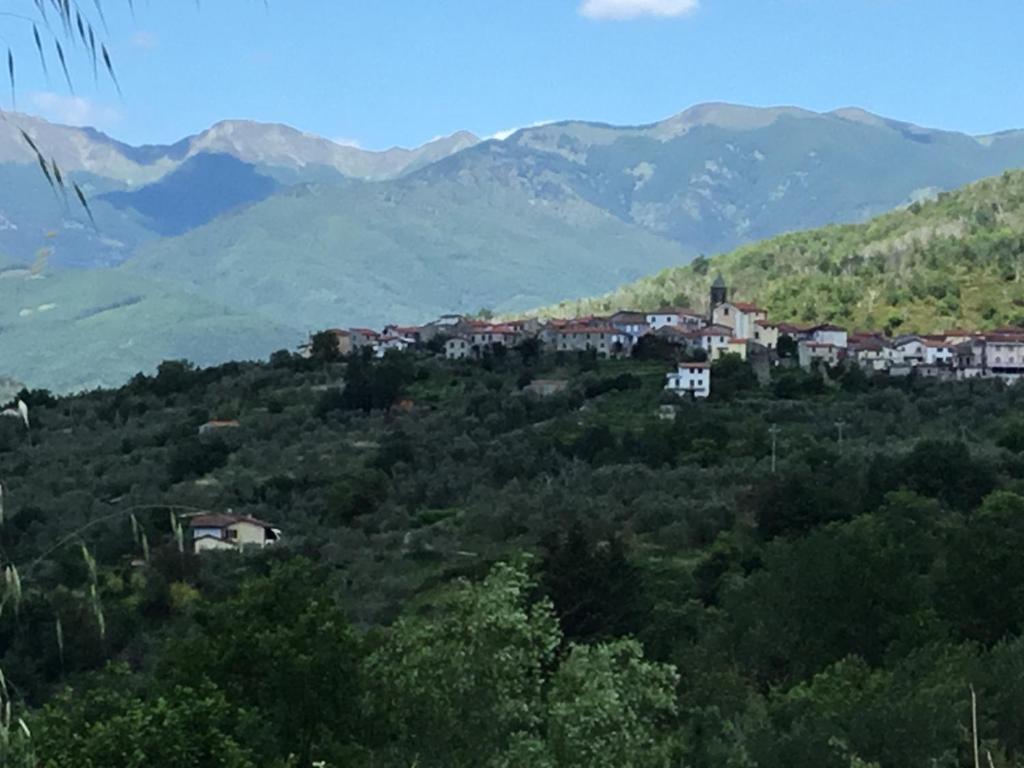 un pueblo en una colina con montañas en el fondo en La casa della Nonna, en Codiponte