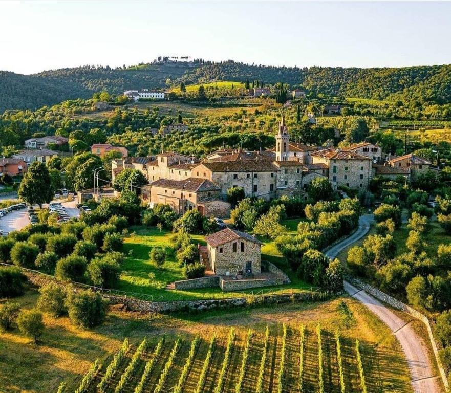 una vista aérea de un pueblo en un viñedo en House with a view in Tuscany, en San Gusmè