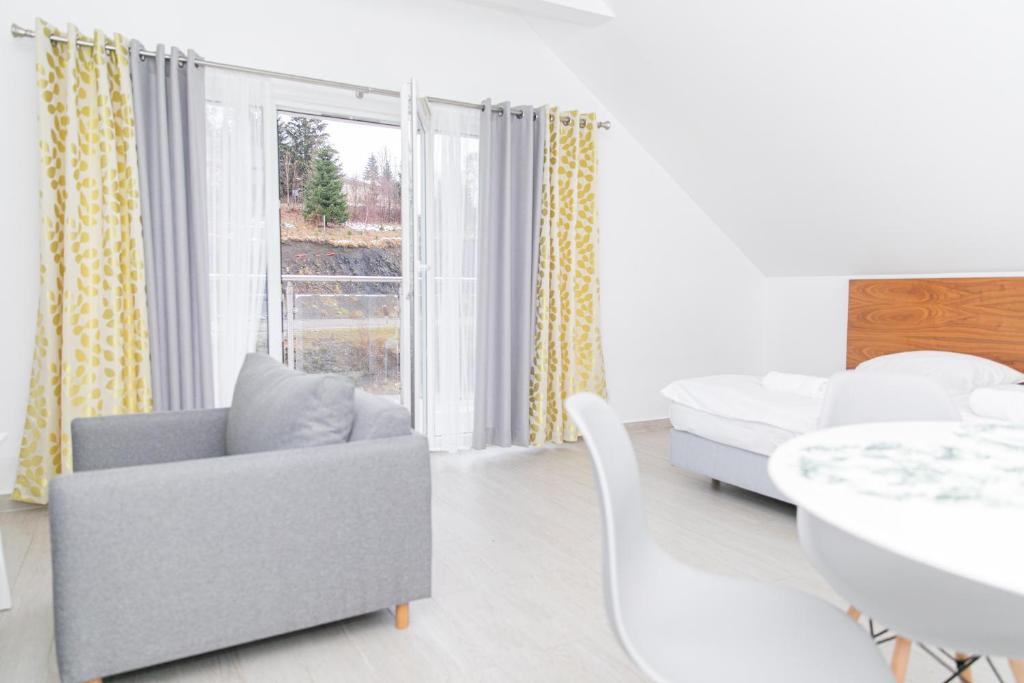 ein Wohnzimmer mit einem Sofa, einem Stuhl und einem Fenster in der Unterkunft VacationClub - Stubai Apartament 38 in Heudorf