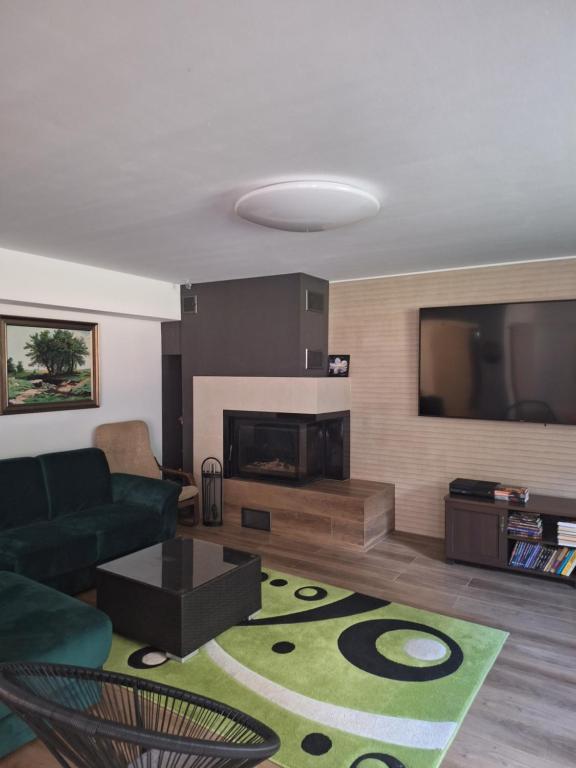 ムロンゴヴォにあるLeśny Dworek - Apartamenty ze wspólnym salonem kominkowym i TVのリビングルーム(緑のソファ、暖炉付)