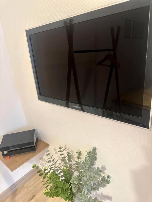 a flat screen tv hanging on a wall with a plant at Appartement neuf entièrement équipé proche centre in Amiens