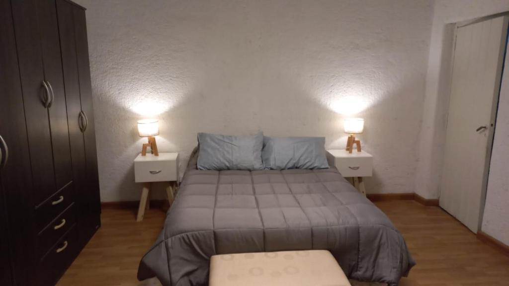 1 dormitorio con 1 cama y 2 mesitas de noche con lámparas en Casa Tiburcio en Godoy Cruz