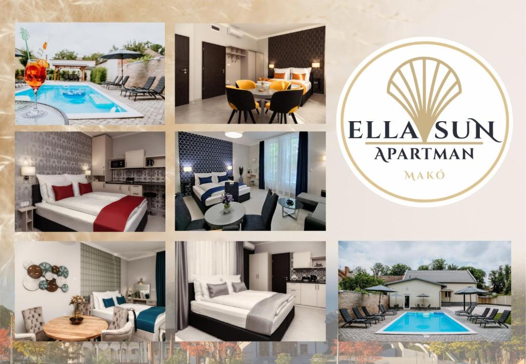 a collage of pictures of a villa with the alia sun apartment firm at Ella Sun Apartman in Makó