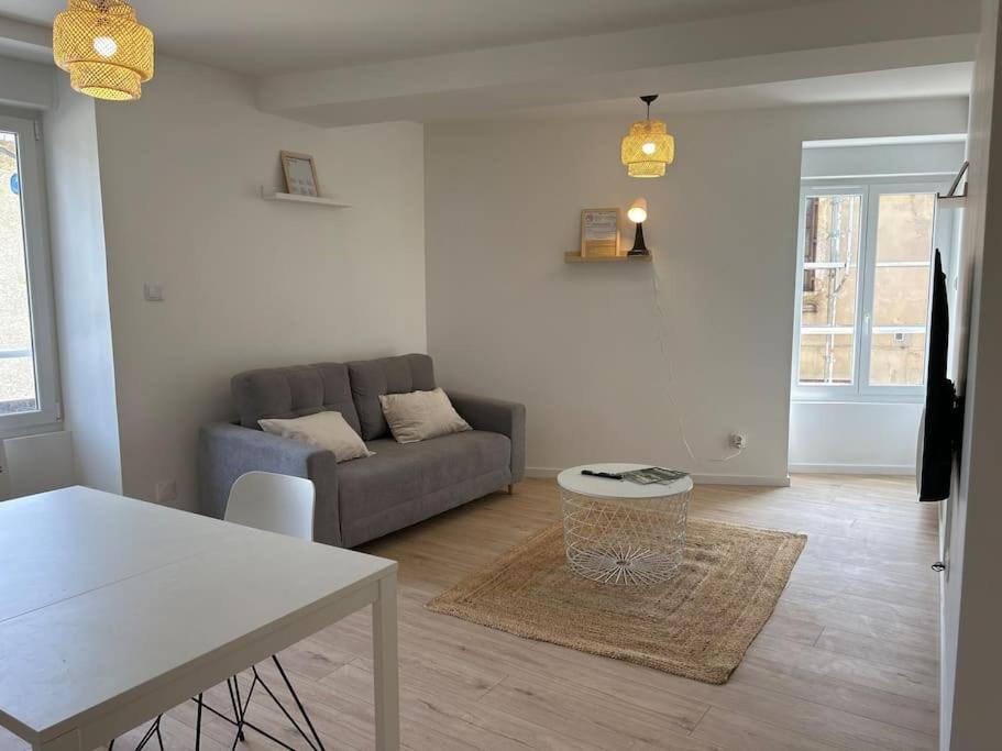 un salon avec un canapé et une table dans l'établissement Appart le 102 Netflix -parking gratuit, à Jasseron