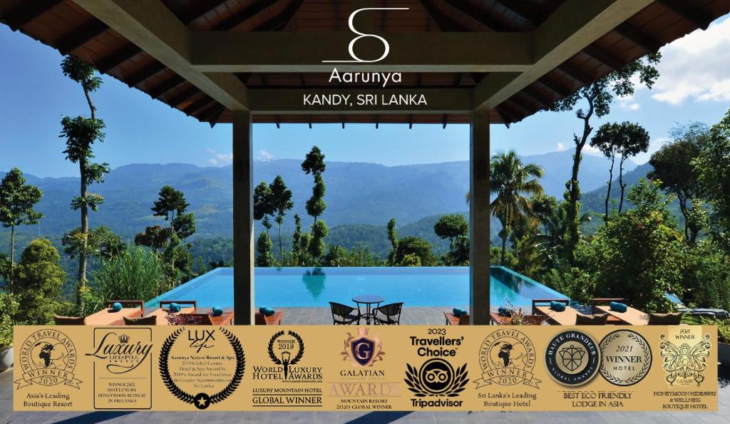 Aarunya Nature Resort and Spa في كاندي: وجود لوحة في المنتجع مطلة على المسبح