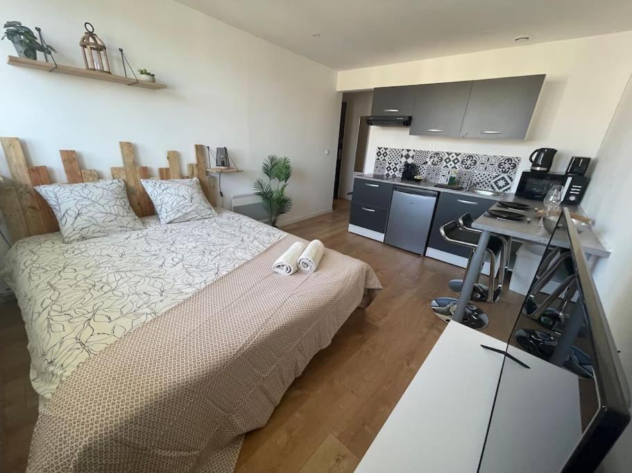 a bedroom with a large bed and a kitchen at Studio cosy rue Alexander Taylor, Wifi, 2 pers in Pau