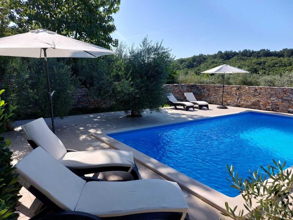 a pool with chairs and umbrellas next to at Rooms Konoba Pjero in Buje