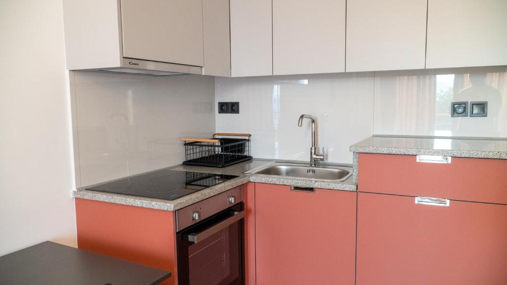 Kuchyň nebo kuchyňský kout v ubytování suite apartment Αdonis