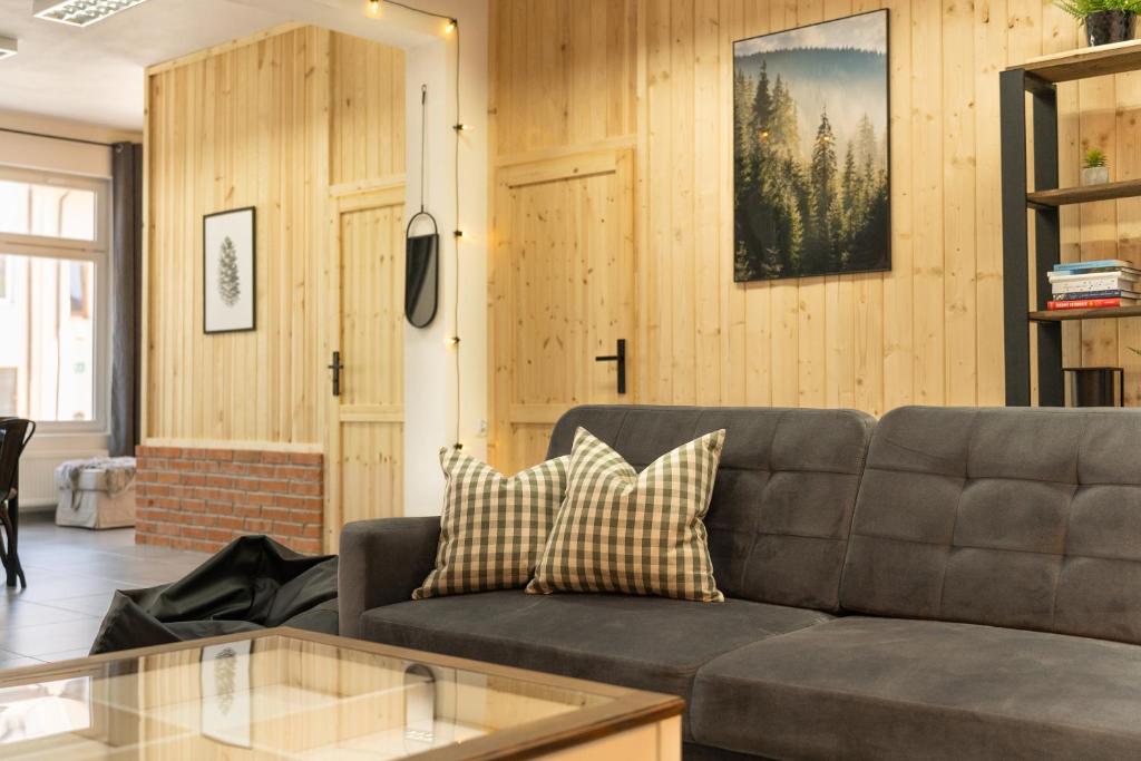 a living room with a couch and a table at Apartament MT Badger Centrum in Ustrzyki Dolne