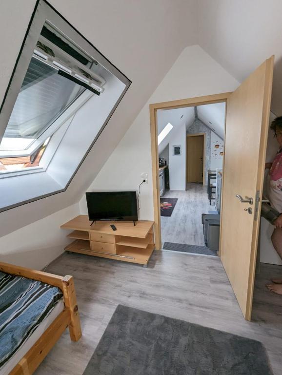 a attic room with a skylight and a television at MO-ZI-LA in Oberlangfurth