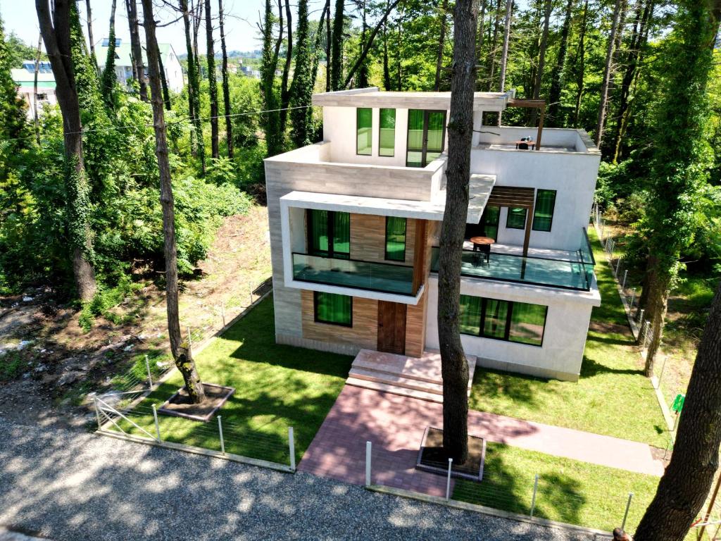 an aerial view of a house in the woods at Pine Aparthotel in Shekvetili