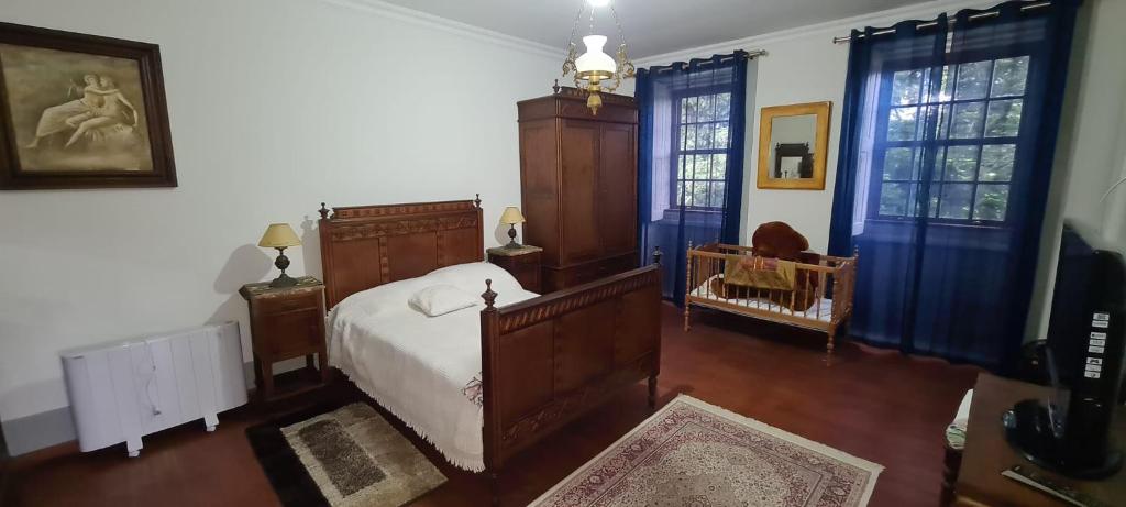 een slaapkamer met een bed en blauwe gordijnen bij Solar dos Araújo Coutinho - Casa dos Cavaleiros - Turismo Habitação 
