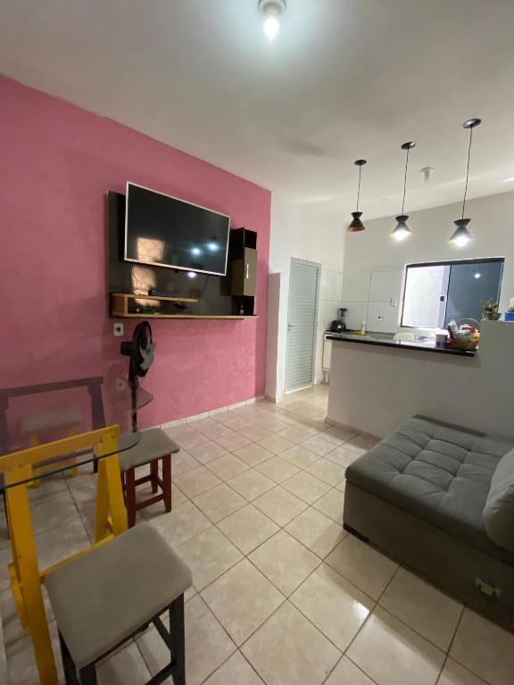 a living room with a couch and a pink wall at Recanto Sonho - PX do Centro de Palmas e Aromaterapia in Palmas