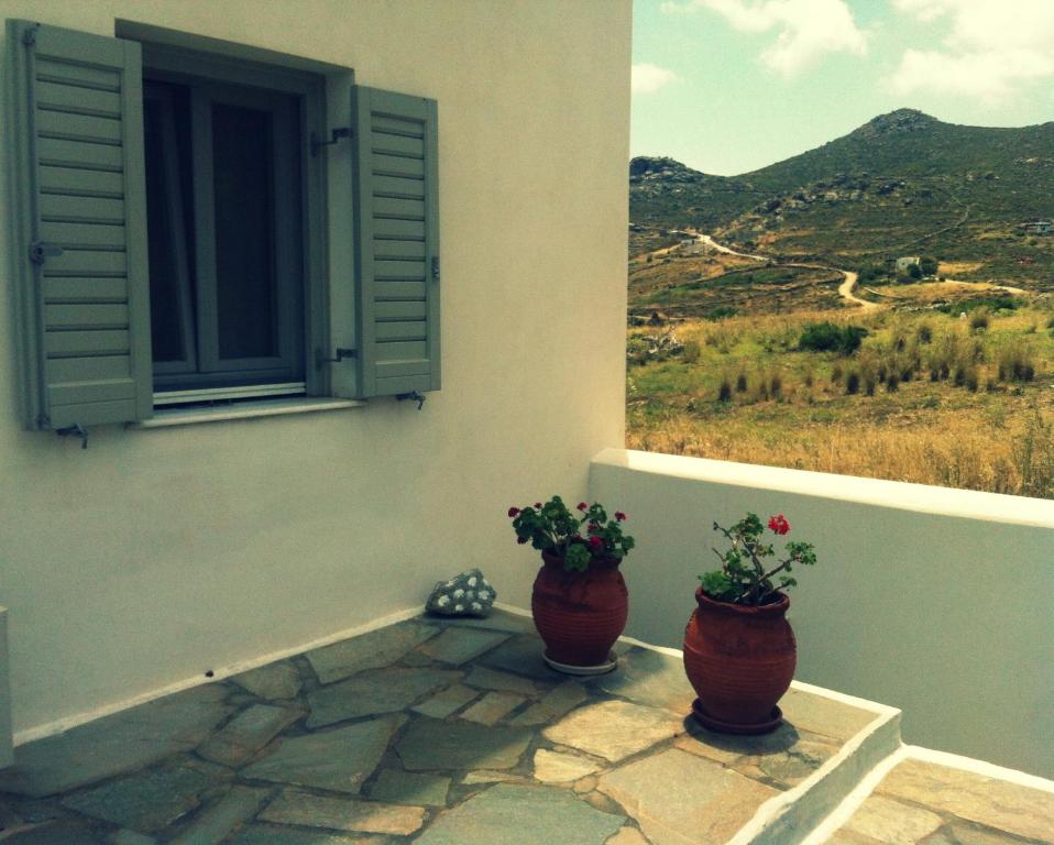 a window with two vases with flowers on a balcony at Gaia Serifos Apartments in Rámos