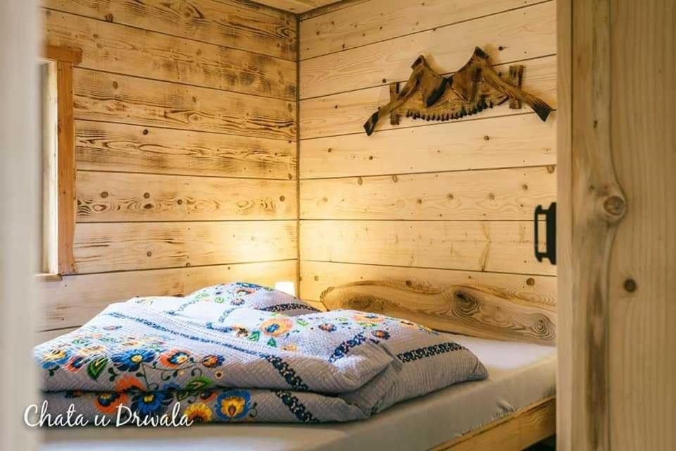 Chata u Drwala في بوكوفييتس: كابينة خشب مع سرير في غرفة