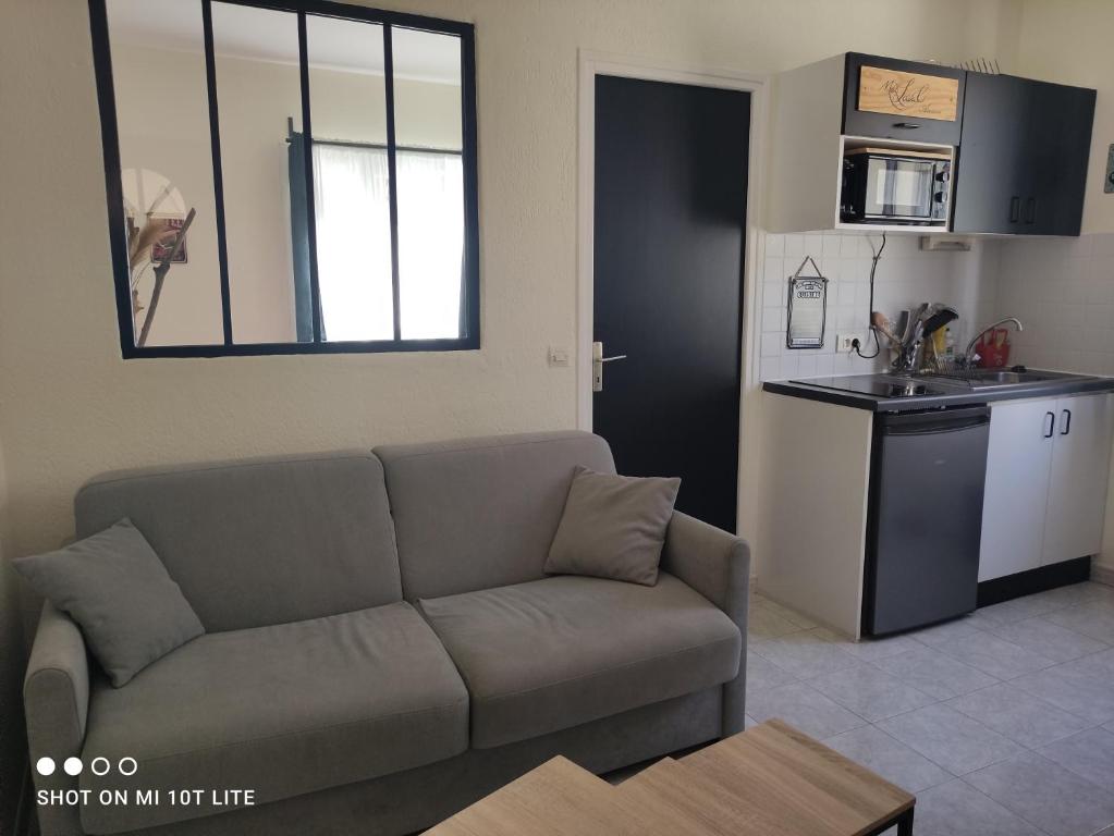 un salon avec un canapé et une cuisine dans l'établissement Appartement près de la mer, à Sète