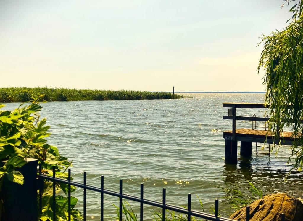 a bench sitting on a dock in the water at Auszeit am Haffufer in Wilhelmshof