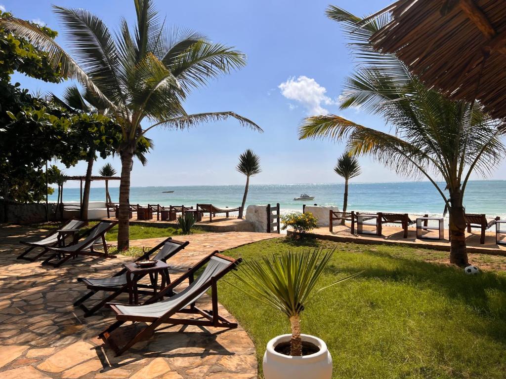 - un groupe de chaises et de palmiers sur la plage dans l'établissement Stone Resort, à Kiwengwa