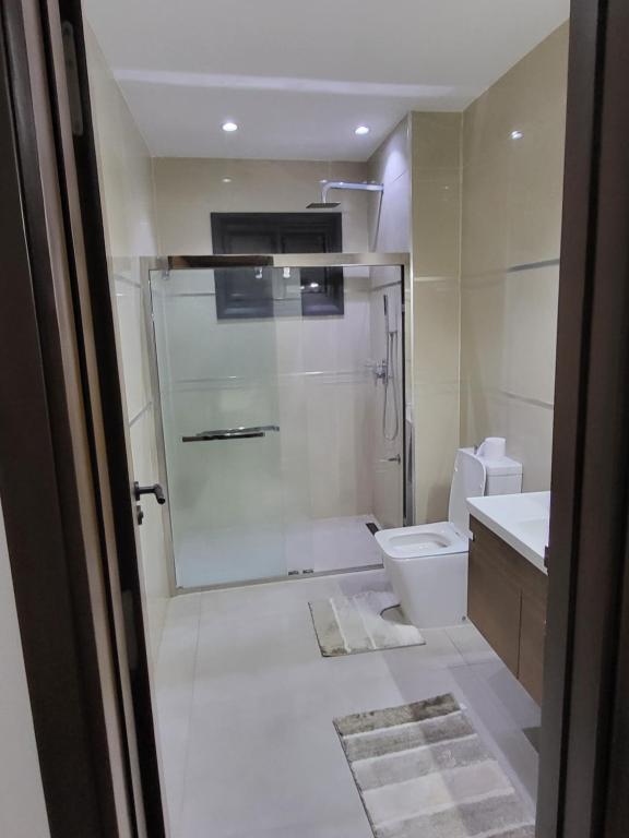 a bathroom with a shower and a toilet and a sink at Dakar Dreams Spinelle in Dakar