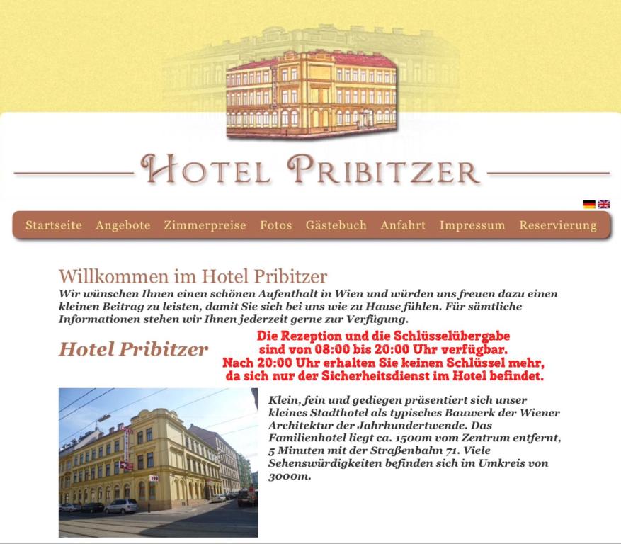 a website for a hotel publisher with a picture of a building at Hotel Pribitzer in Vienna