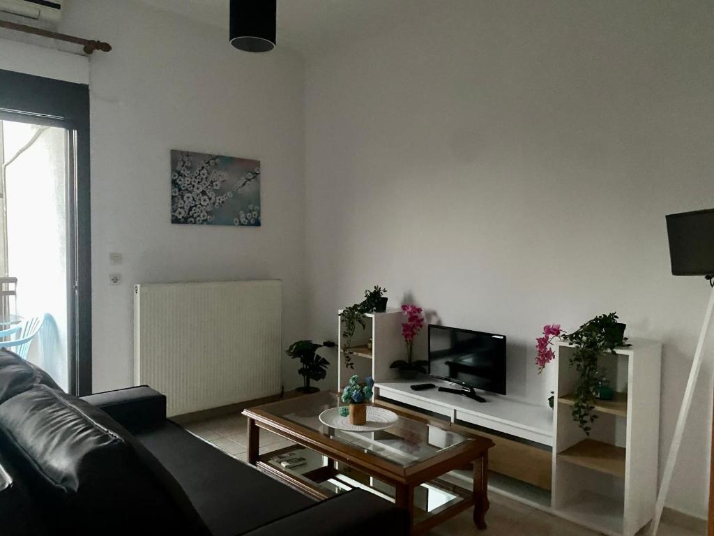uma sala de estar com um sofá e uma mesa em Traveller's home em Litochoro