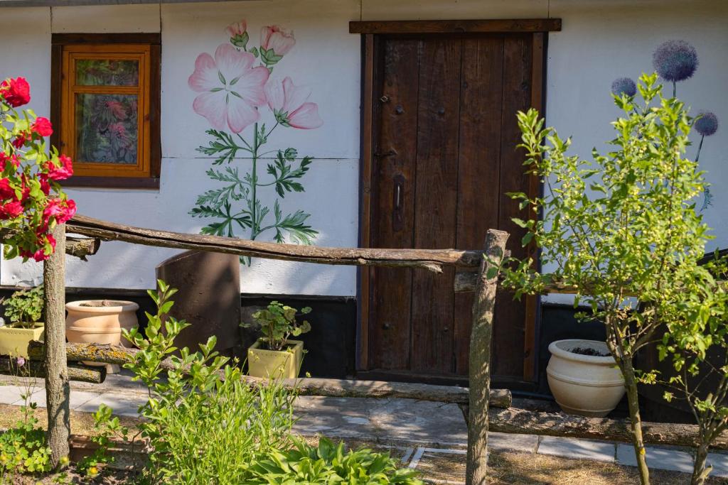 una casa con una puerta de madera y algunas plantas en MAZANKA ecocamping en Soshnikov