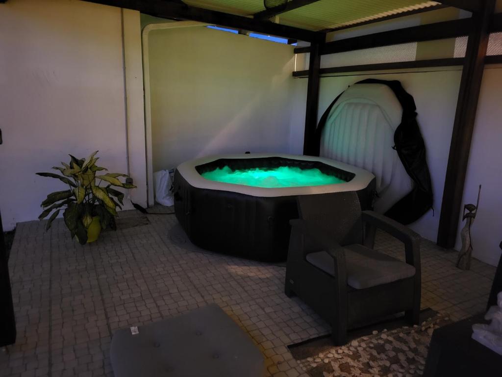 a hot tub in a room with a chair and a plant at Résidence Ariane in Bourda