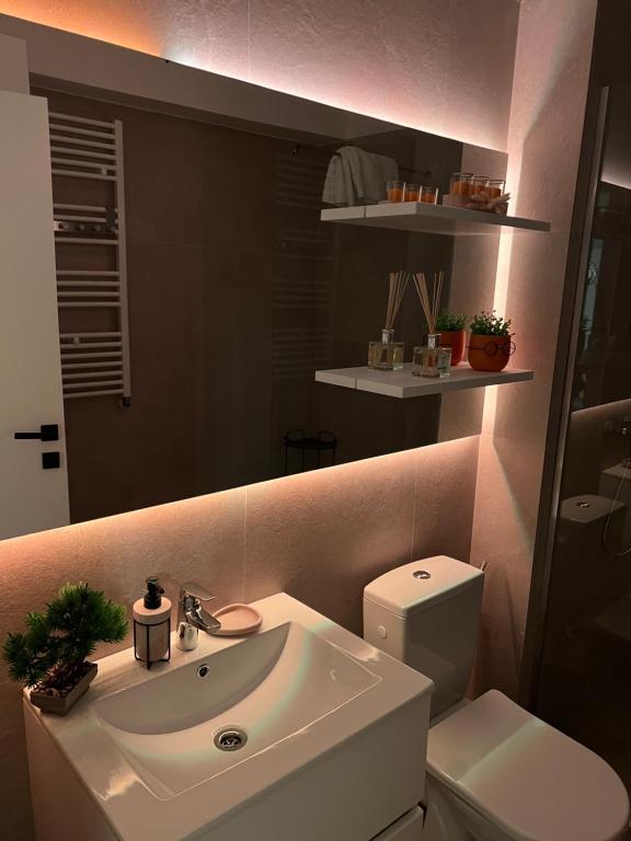 a bathroom with a sink and a toilet and a mirror at Elite Summer Suite in Năvodari