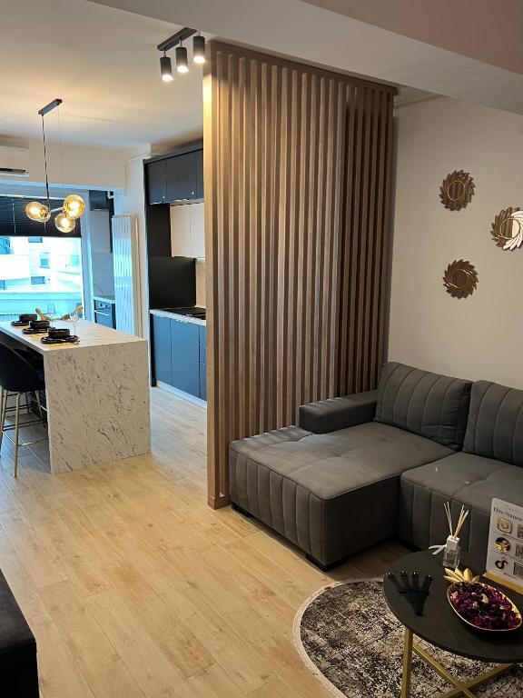 a living room with a couch and a kitchen at Elite Summer Suite in Năvodari