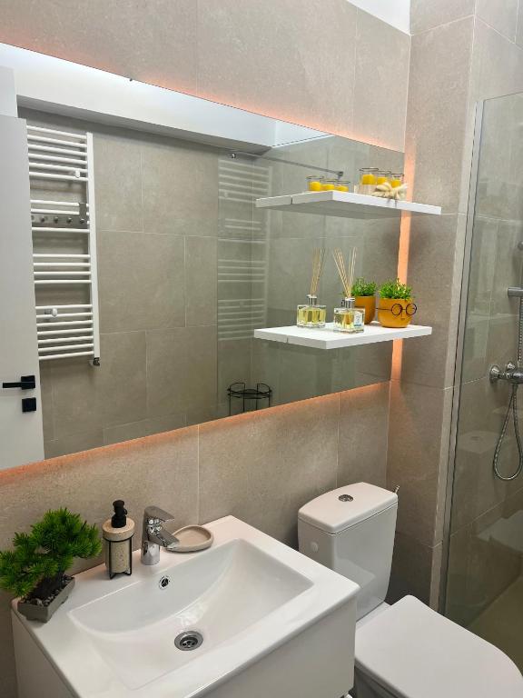 a bathroom with a white sink and a toilet at Elite Summer Suite in Năvodari