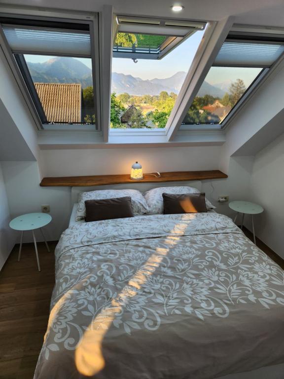 a bedroom with a large bed with two windows at Vila Rajska ptica in Bled