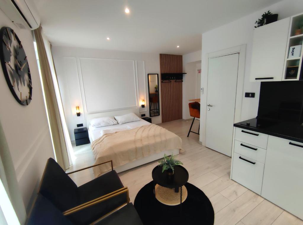 1 dormitorio con 1 cama, TV y sofá en Alegra Apartments Center, en Rijeka