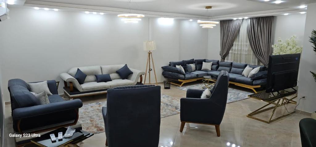 a living room with couches and chairs and a television at VIP Nile Tower in Cairo