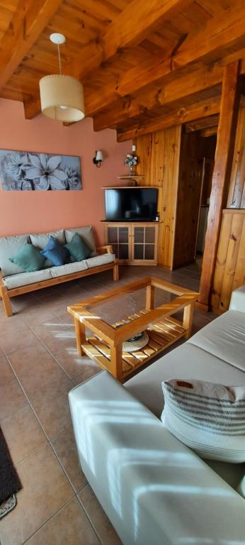uma sala de estar com um sofá e uma mesa em Cabaña Centrica Maiten II em San Martín de los Andes
