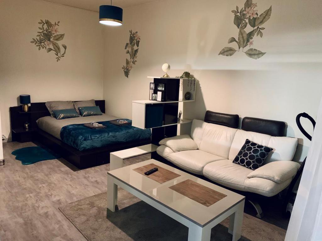 ein Wohnzimmer mit einem Sofa und einem Couchtisch in der Unterkunft STUDIO DENAIN in Denain