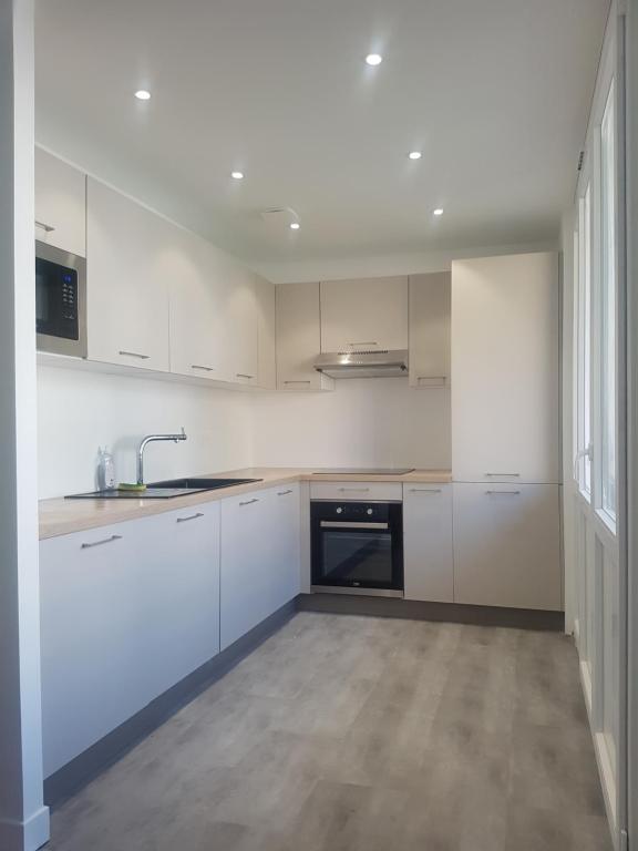 an empty kitchen with white cabinets and a sink at Appartement T4 des jardins in Chambéry