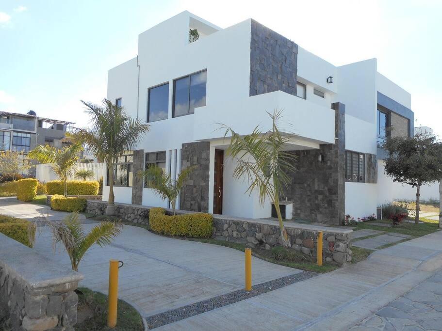 biały budynek z palmami przed nim w obiekcie Hermosa Casa en Orilla del lago -Zona de villedos- w mieście San Cristóbal Zapotitlán