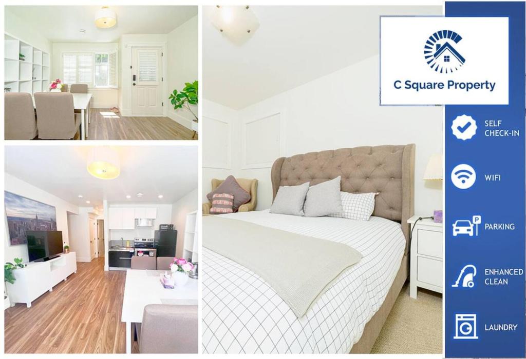 two pictures of a bedroom and a living room at Van West Serene Retreat Close to UBC and Downtown in Vancouver