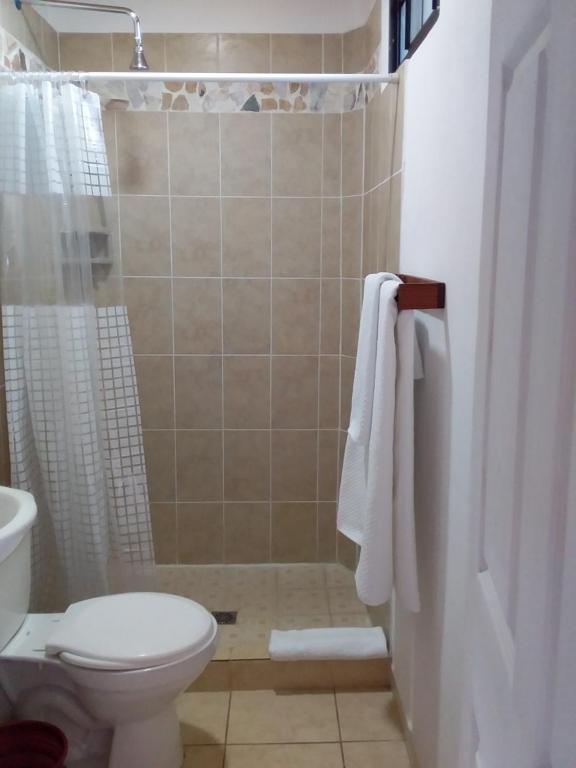 y baño con aseo y ducha. en Hostal Puertas De Apaneca, en Apaneca