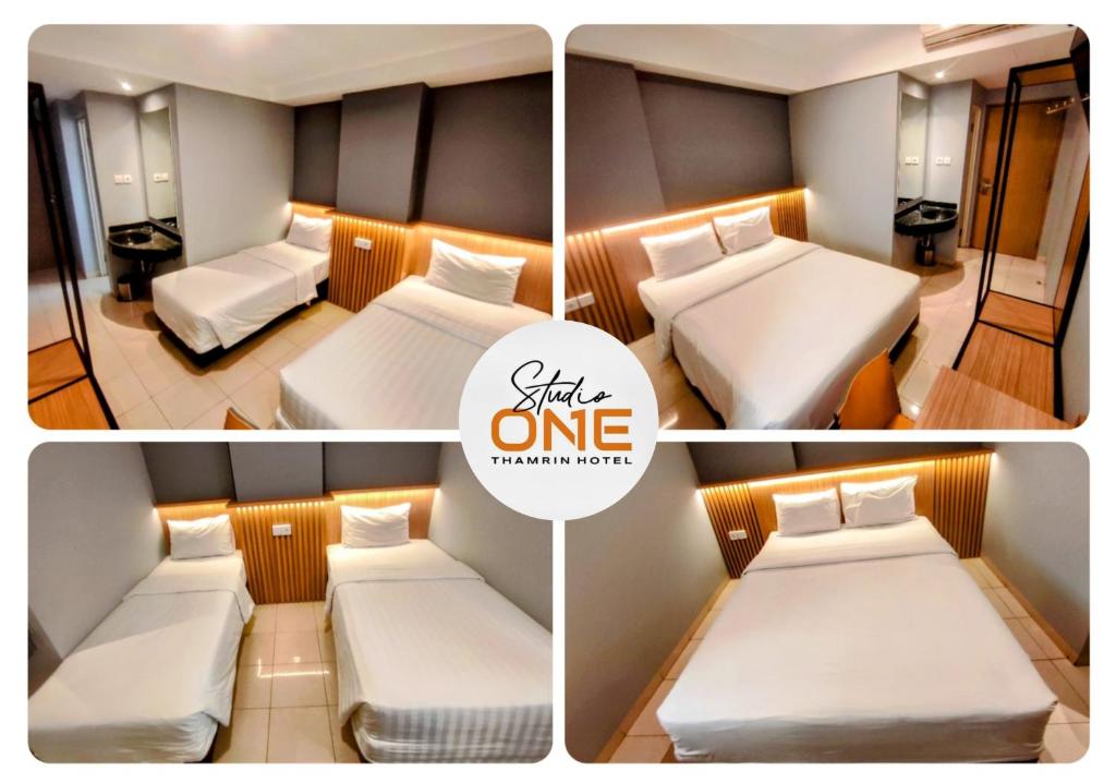 un collage de cuatro fotos de una habitación con 2 camas en Studio One Thamrin Hotel, en Yakarta