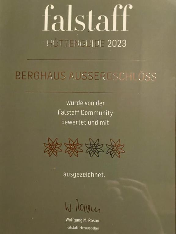 Certifikát, hodnocení, plakát nebo jiný dokument vystavený v ubytování Berghaus Außergschlöß