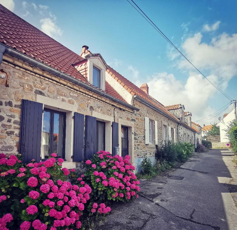 una fila de casas con flores rosas delante de ellas en Maison de pêcheur Wissant plein centre, en Wissant