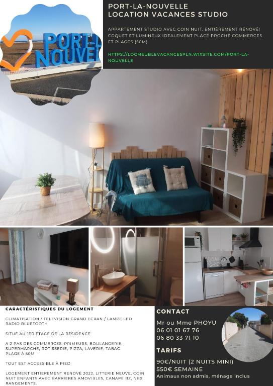 un collage de photos d'une chambre avec un lit et d'une chambre dans l'établissement Studio mer Neuf Port la Nouvelle, à Port-la-Nouvelle