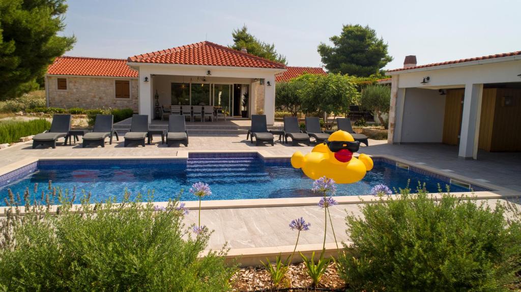 a pool with a rubber duck infront of a house at Luxury Villa Nature with heated private pool, sauna & fire pit, a short walk to the beach in Milna