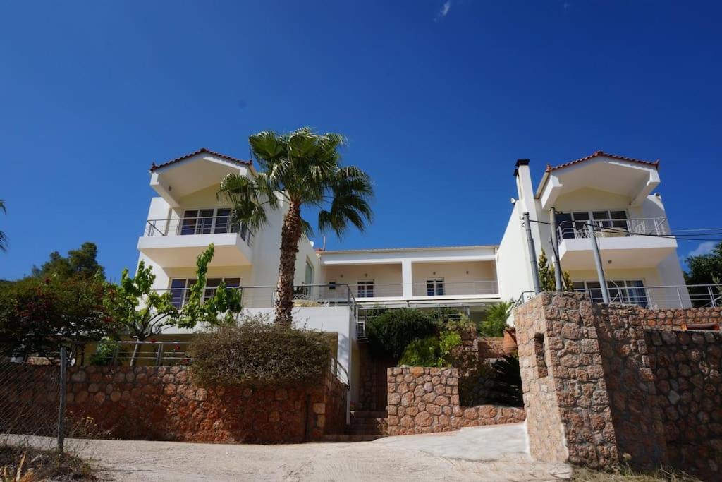 una casa blanca con una palmera delante de ella en The Sea Star - Korfos Sea View Villa, en Korfos