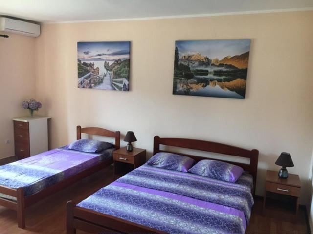 una camera con due letti e quadri alle pareti di Apartment Kovach Kuti 3 a Herceg-Novi