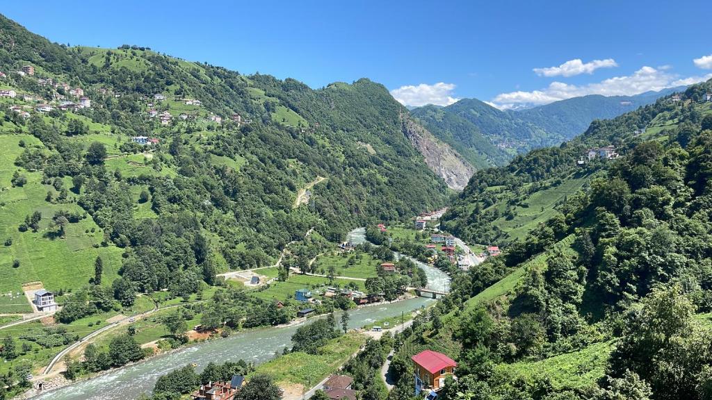 a view of a river in a mountain valley at Konak village housee in Ardeşen