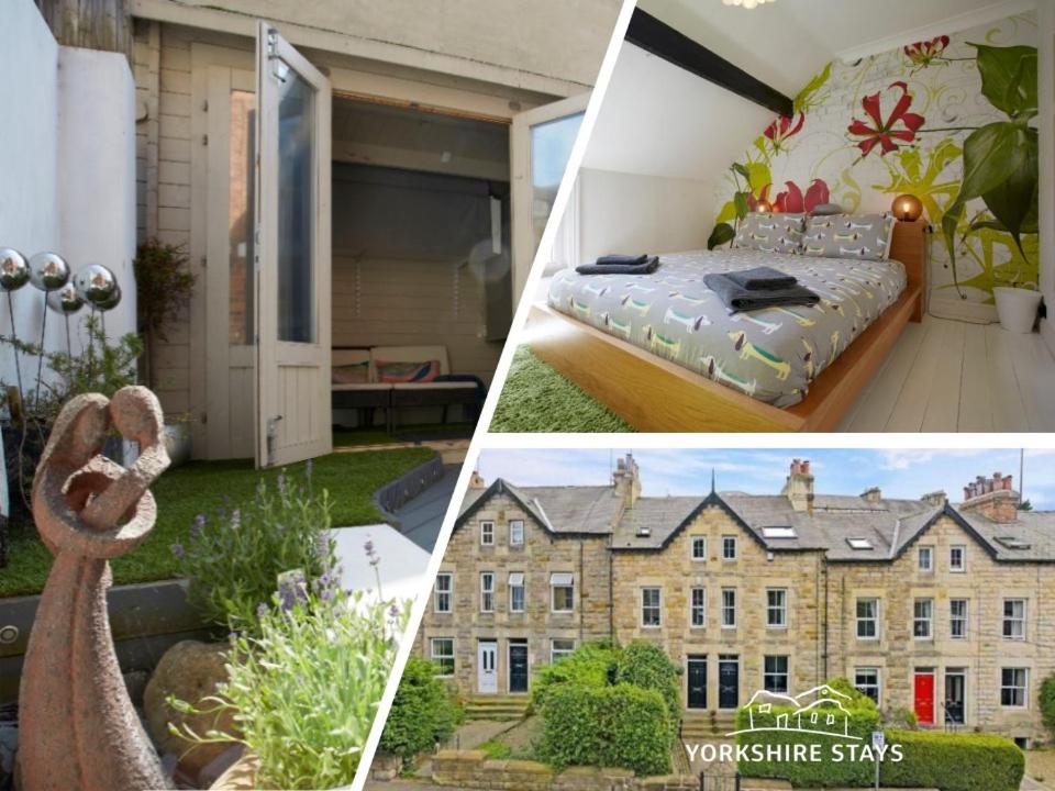 a collage of pictures of a bedroom and a house at Central Harrogate Townhouse - HIC Bottom of road! in Harrogate