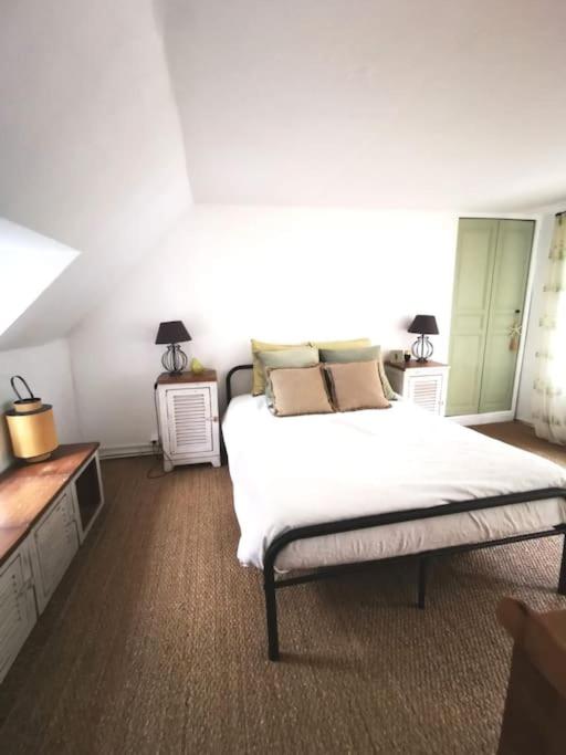 a bedroom with a large bed and two night stands at Agréable maison très cosy centre Boulogne s&#47;mer in Boulogne-sur-Mer